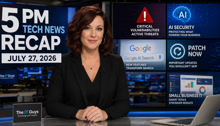 Jennifer presenting The IT Guys 5 PM technology news recap for July 27, 2026 in a realistic IT newsroom.