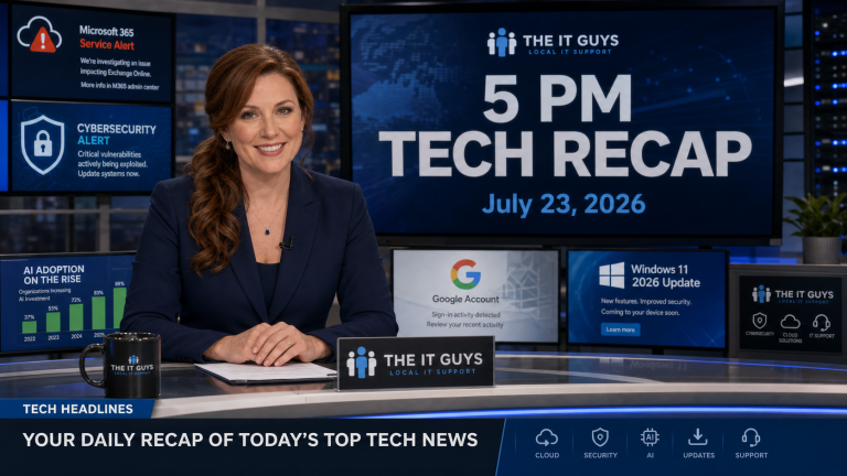Jennifer presenting The IT Guys 5 PM technology news recap for July 23, 2026 in a realistic newsroom.