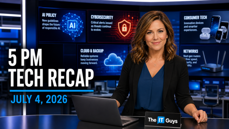 Jennifer presenting The IT Guys 5 PM technology news recap for July 4, 2026 in a realistic tech newsroom.