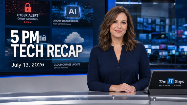 Jennifer presenting The IT Guys 5 PM technology news recap for July 13, 2026 in a realistic tech newsroom.