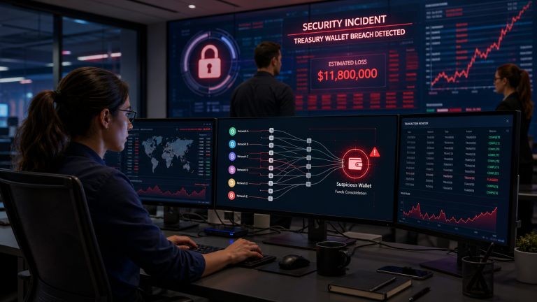 Cybersecurity operations desk showing blockchain payment flows and a crypto treasury wallet breach investigation