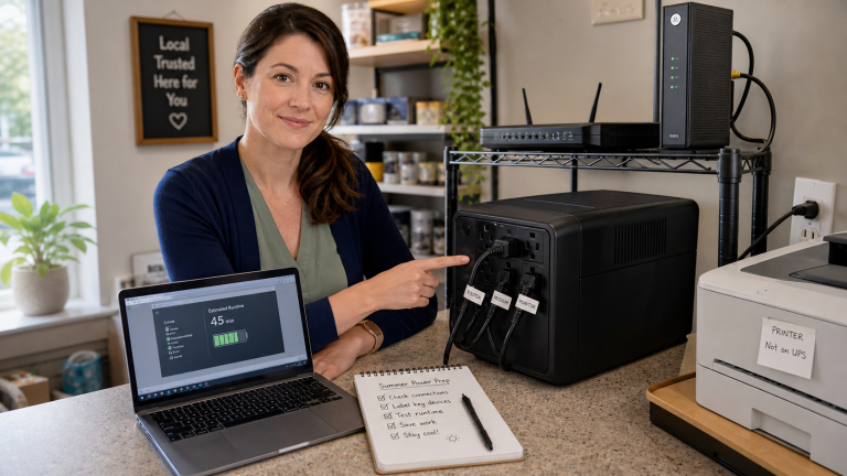 Jennifer from The IT Guys checking a UPS battery backup with labeled network and computer power cords in a small business office.