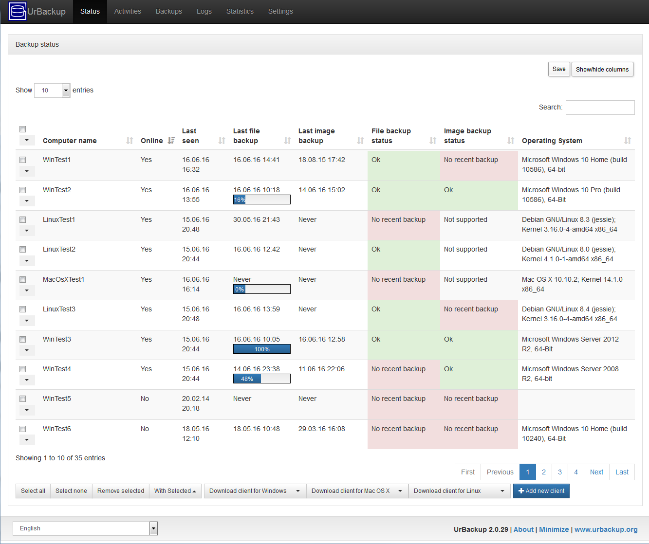 UrBackup server dashboard showing backup status for multiple computers