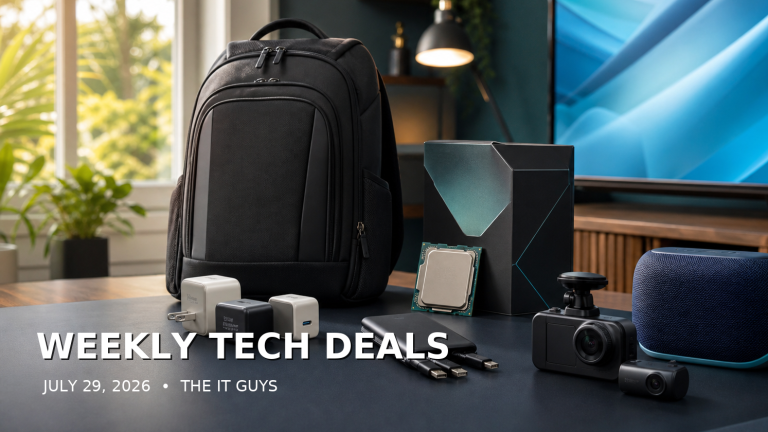 Weekly technology deals for July 29, 2026 featuring a laptop backpack, USB-C chargers, processor, power bank, dash camera, speaker, and television