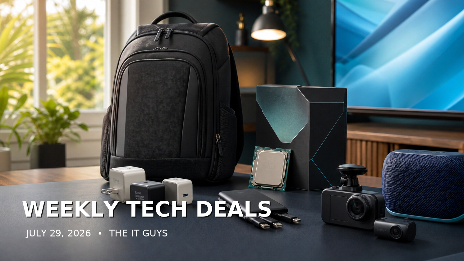Weekly technology deals for July 29, 2026 featuring a laptop backpack, USB-C chargers, processor, power bank, dash camera, speaker, and television