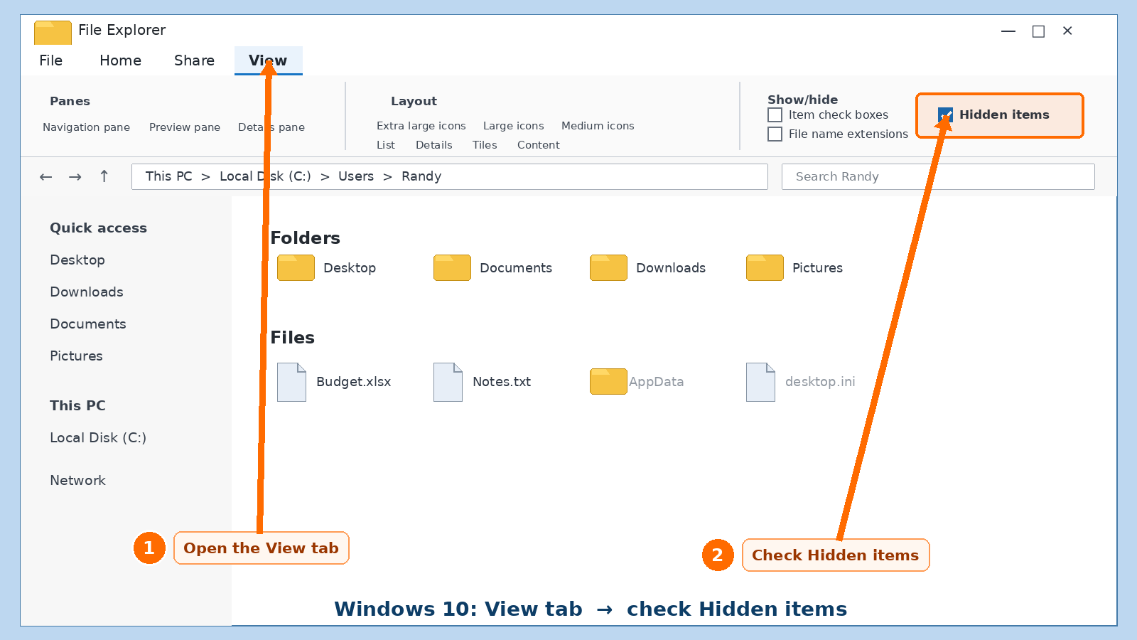 Annotated Windows 10 File Explorer showing arrows to the View tab and checked Hidden items box