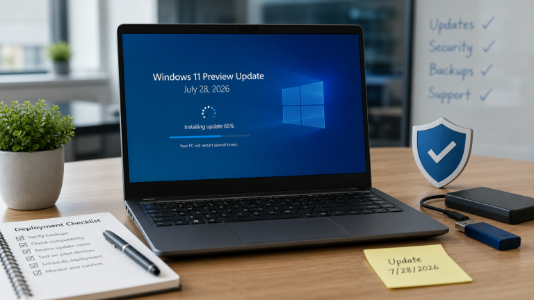 Windows 11 update screen on a business laptop with a security checklist and backup drive