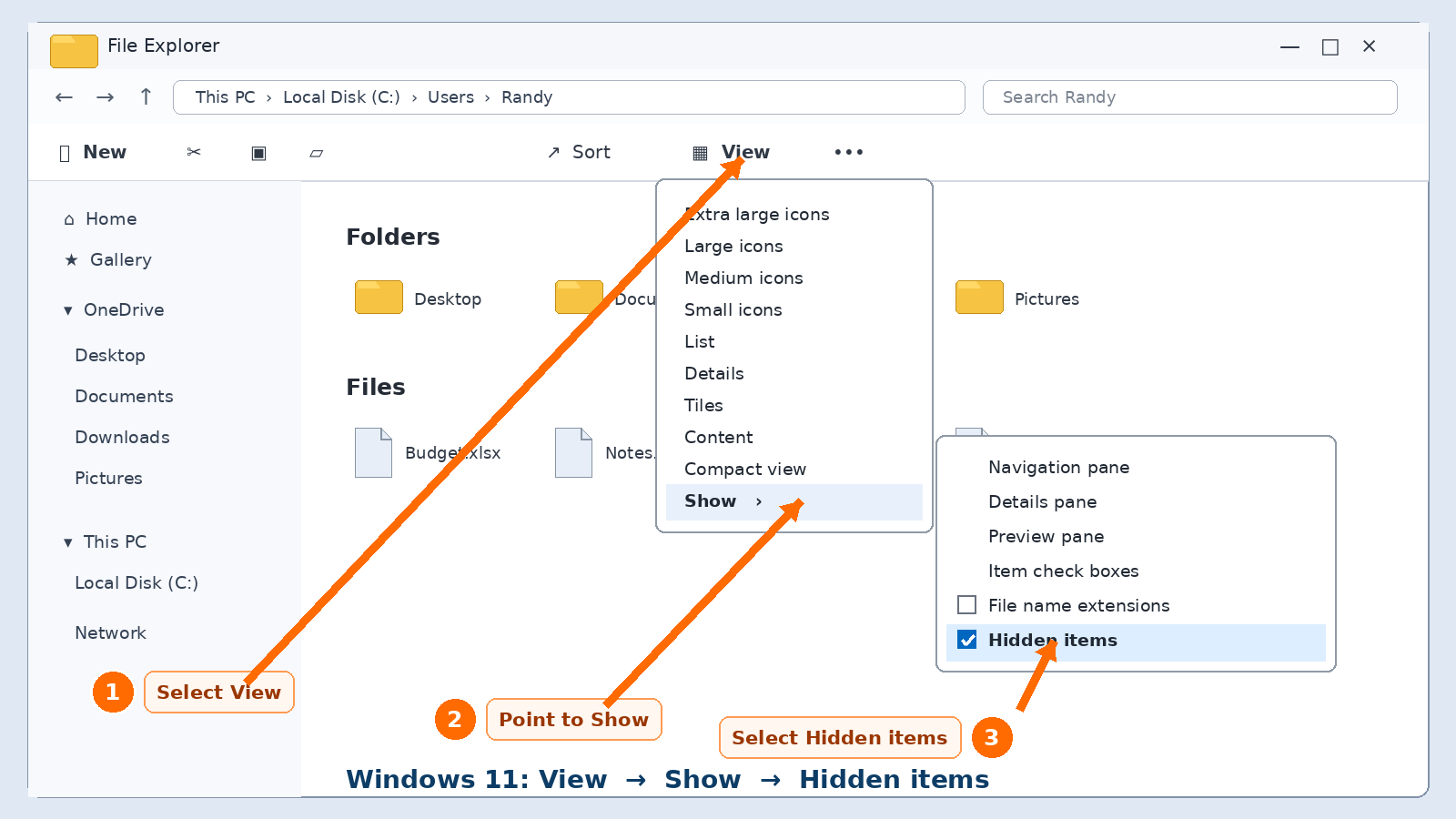 Annotated Windows 11 File Explorer showing arrows to View, Show, and the checked Hidden items command