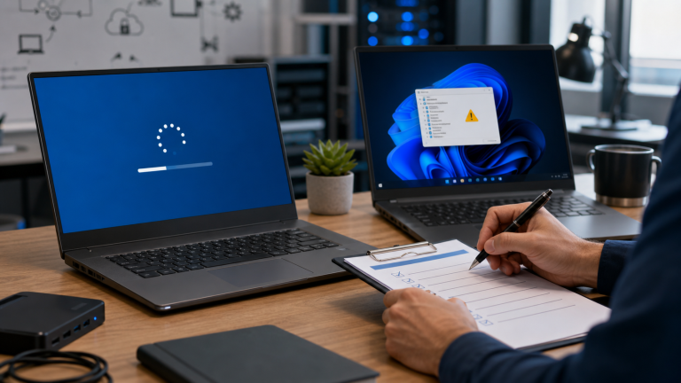 Windows 11 Dell business laptops on an IT workbench showing update and device maintenance visuals for a July 2026 out-of-band update.
