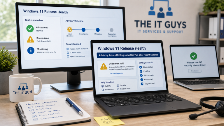 Windows 11 release health advisory dashboard for Dell device update hold with Mac security update status in a professional IT support office.