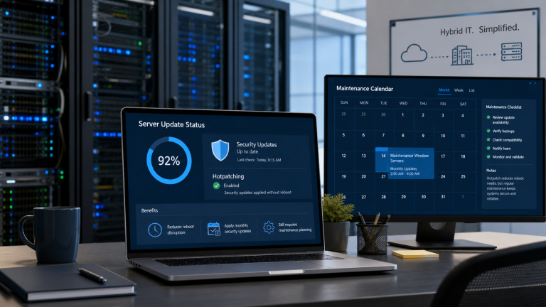 Professional server room workstation showing Windows Server hotpatch update status, maintenance calendar, and security patch planning