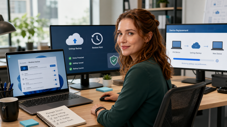 Jennifer reviewing Windows settings backup and restore policy on a small business laptop