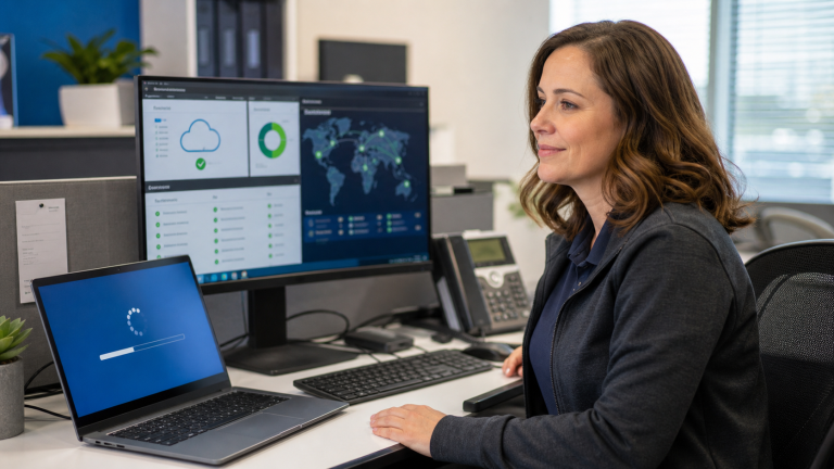 Jennifer from The IT Guys reviewing a Windows Update service status dashboard for small business computers.