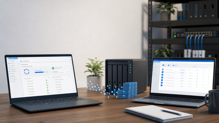 Professional IT workbench with Windows laptops and a server dashboard representing WSUS synchronization cleanup and patch management recovery.