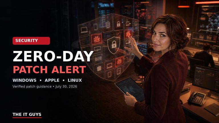 Jennifer reviews a zero-day patch shield in a cybersecurity operations center for Windows, Apple, and Linux