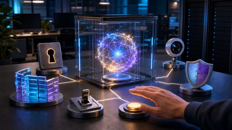Editorial illustration of a glowing AI orb inside a transparent chamber surrounded by a keyhole, segmented barrier, switch, sensor, shield, and human confirmation button.