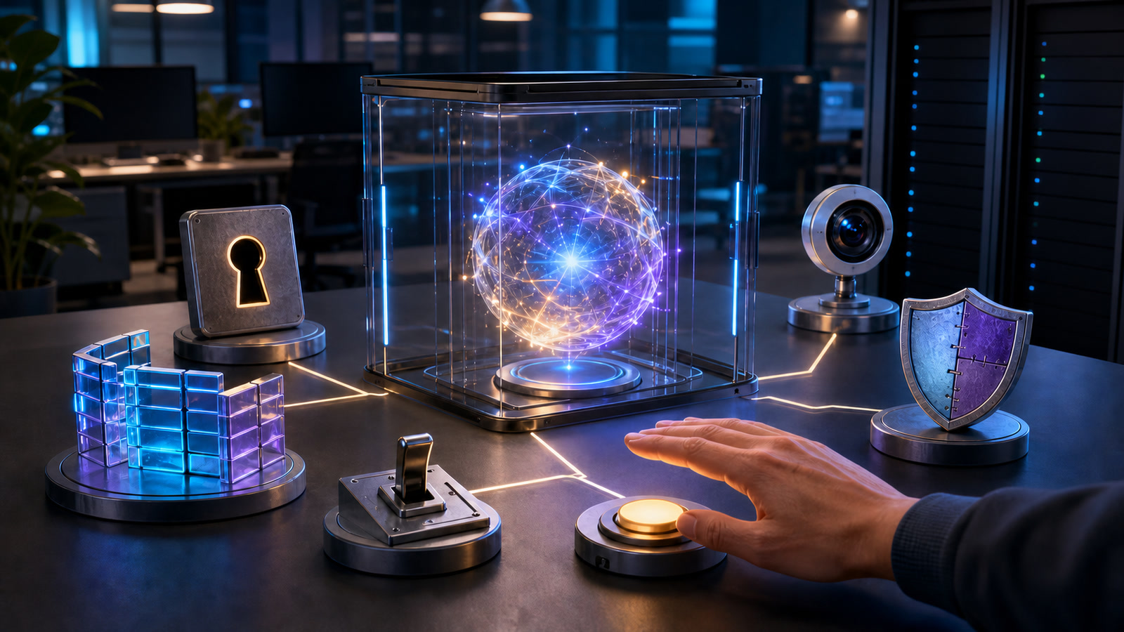 Editorial illustration of a glowing AI orb inside a transparent chamber surrounded by a keyhole, segmented barrier, switch, sensor, shield, and human confirmation button.