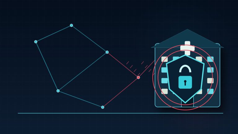 Editorial illustration of a hospital protected by a digital shield as disrupted network lines represent a cyberattack.