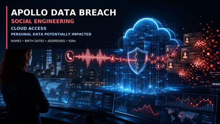 Original editorial cybersecurity artwork showing a phone-call waveform crossing into a cracked cloud-security shield while identity records leave the cloud; headline text reads Apollo Data Breach, Social Engineering, Cloud Access, Personal Data Potentially Impacted, and lists names, birth dates, addresses and SSNs. No official Apollo logo is shown.