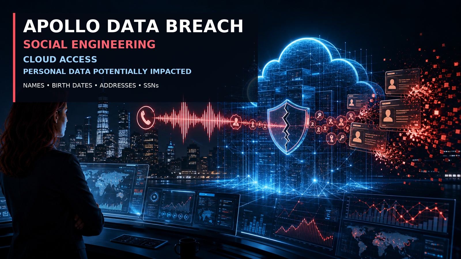 Original editorial cybersecurity artwork showing a phone-call waveform crossing into a cracked cloud-security shield while identity records leave the cloud; headline text reads Apollo Data Breach, Social Engineering, Cloud Access, Personal Data Potentially Impacted, and lists names, birth dates, addresses and SSNs. No official Apollo logo is shown.