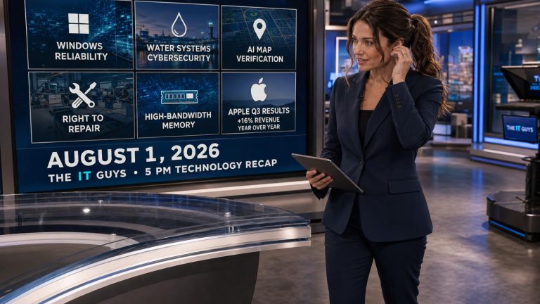 Jennifer Hudsen walks through The IT Guys newsroom presenting the August 1, 2026 technology recap on water-system cybersecurity, Windows reliability, AI map verification, right to repair, memory chips, and Apple results.
