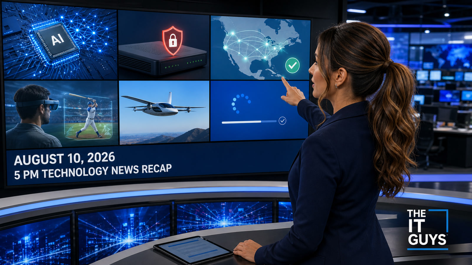Jennifer Hudsen points toward newsroom screens showing local AI, cybersecurity, DNS recovery, immersive baseball and autonomous aviation for the August 10, 2026 technology recap.