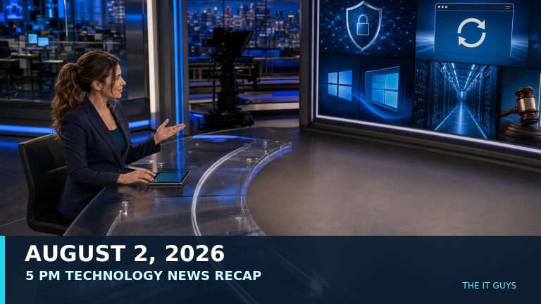 Jennifer Hudsen presents The IT Guys August 2, 2026 technology recap from a newsroom desk with AI security, browser updates, Windows, cloud infrastructure, and AI-law visuals.