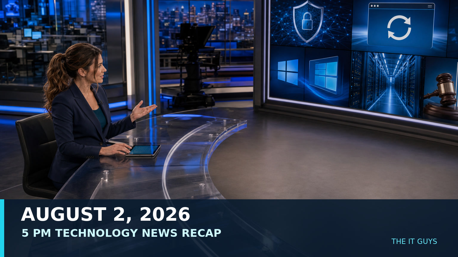 Jennifer Hudsen presents The IT Guys August 2, 2026 technology recap from a newsroom desk with AI security, browser updates, Windows, cloud infrastructure, and AI-law visuals.