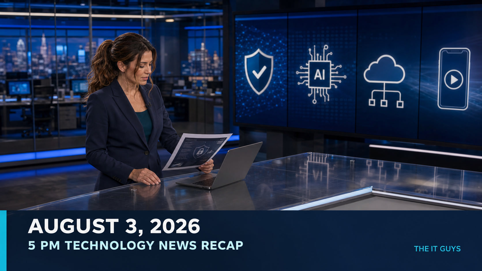 Jennifer Hudsen reviews a cybersecurity incident sheet and laptop in The IT Guys newsroom beside icons for security, AI chips, cloud infrastructure, and streaming for the August 3, 2026 technology recap.