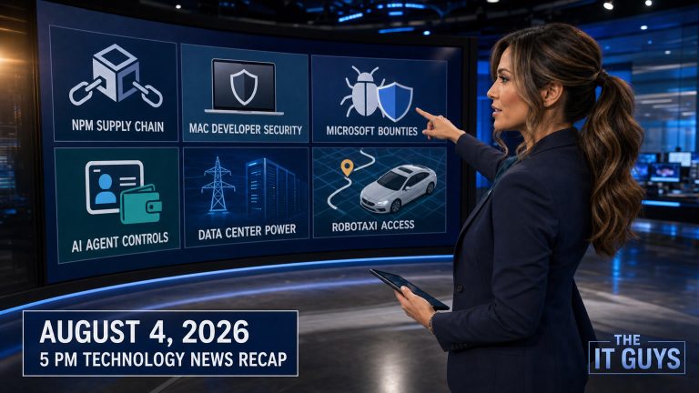 Jennifer Hudsen points to a curved newsroom display covering npm supply-chain risk, Mac developer security, Microsoft bounties, AI agent controls, data-center power, and robotaxi access for The IT Guys August 4, 2026 technology recap.