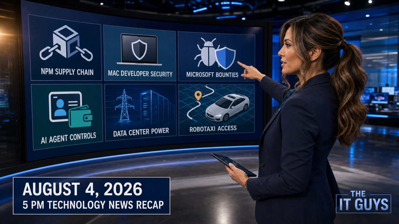 Jennifer Hudsen points to a curved newsroom display covering npm supply-chain risk, Mac developer security, Microsoft bounties, AI agent controls, data-center power, and robotaxi access for The IT Guys August 4, 2026 technology recap.
