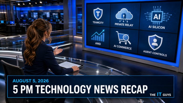 Jennifer Hudsen sits at a curved newsroom desk and reviews screens about TeamCity exploitation, Private Relay privacy, AI silicon, AMD, AI commerce, and agent controls for The IT Guys August 5, 2026 technology recap.