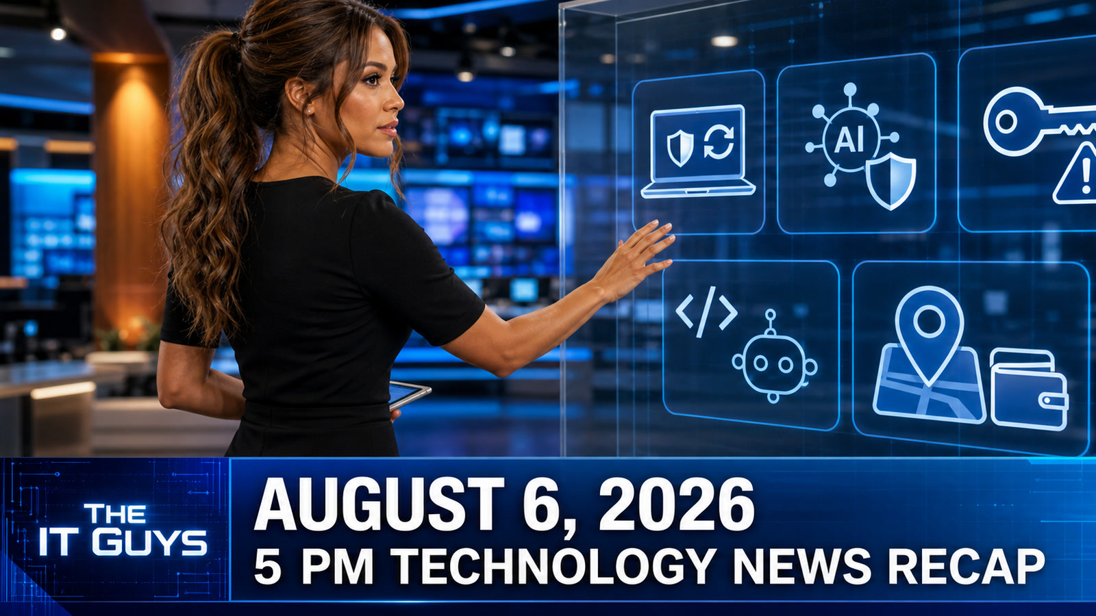 Jennifer Hudsen stands in a blue newsroom and works at a transparent technology display showing macOS security, AI safety, API keys, coding agents, Maps and Wallet themes for The IT Guys August 6, 2026 recap.