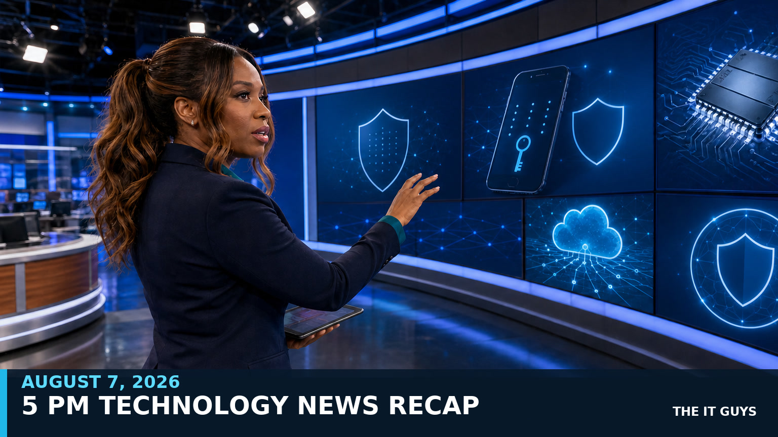 Jennifer Hudsen presents The IT Guys 5 PM technology news recap for August 7, 2026 beside screens showing cybersecurity, cloud and computer chip icons.