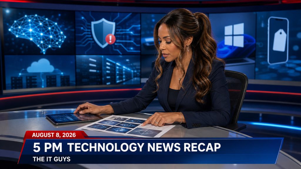 Jennifer Hudsen seated at The IT Guys newsroom desk reviewing the August 8, 2026 technology recap beside screens for AI, cybersecurity, Windows, cloud infrastructure and device leasing