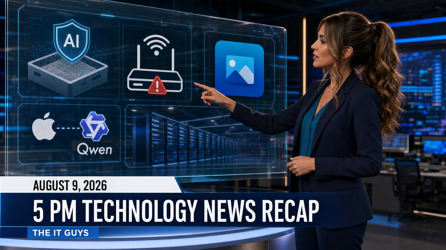 Jennifer Hudsen stands in left-facing profile in The IT Guys newsroom, pointing to screens about AI security, a router warning, Windows photos, Apple Qwen and AI data centers for the August 9, 2026 recap.