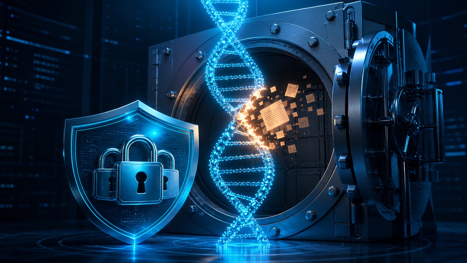 Abstract DNA helix and documents beside a shielded lock and secure data vault.