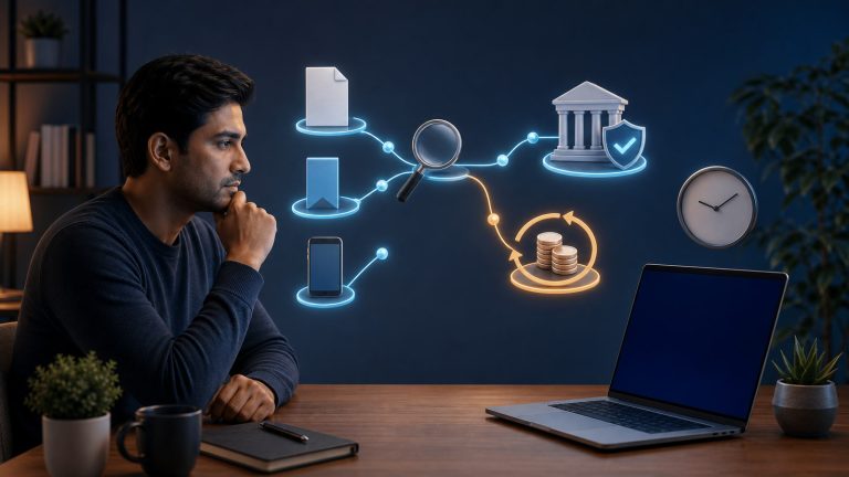Symbolic illustration of a person checking a bill-payment route beside blank laptop, phone, and document surfaces, with trusted-source, verification, biller, coin-loop, and clock elements.
