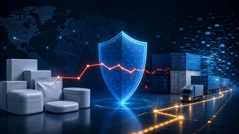 Abstract medical supply packages, a blue cybersecurity shield, and shipping containers connected by a disrupted red network line.