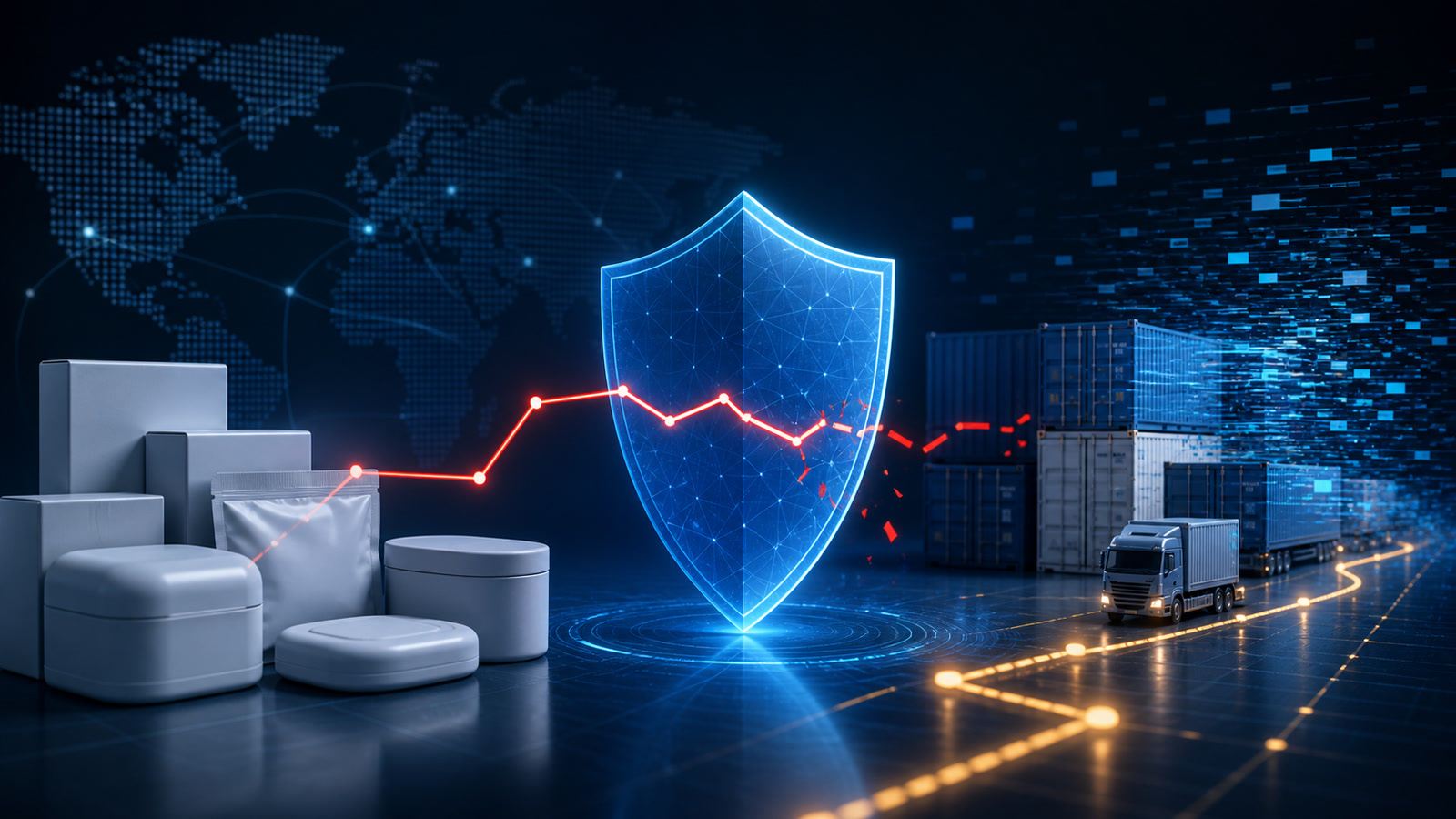 Abstract medical supply packages, a blue cybersecurity shield, and shipping containers connected by a disrupted red network line.