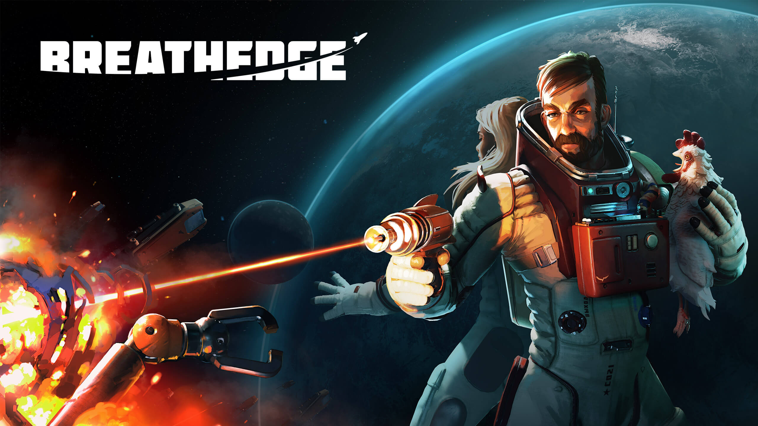 Official Breathedge artwork showing an astronaut among colorful space wreckage.