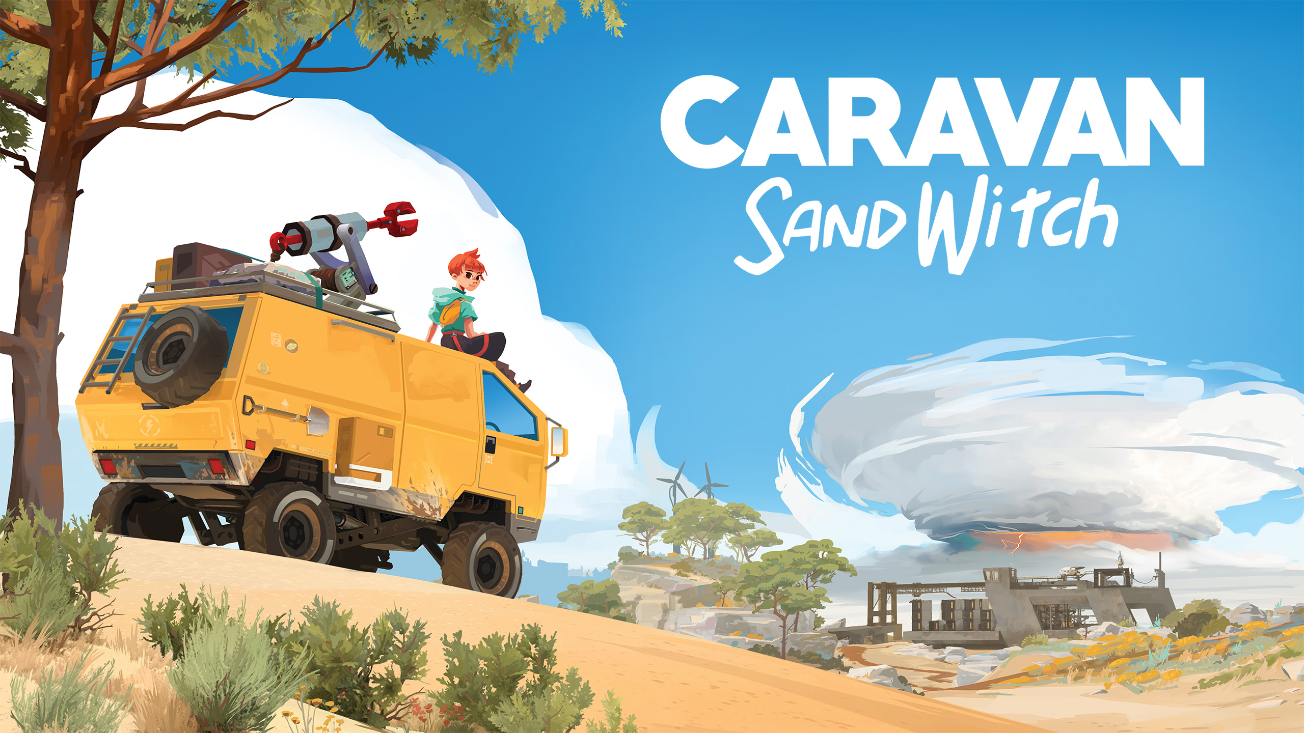 Official Caravan SandWitch artwork showing a traveler beside a rugged yellow exploration van overlooking a bright science-fiction landscape