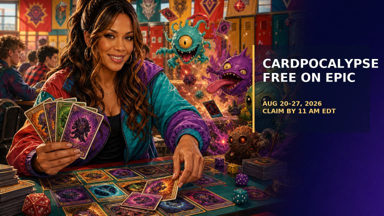Jennifer Hudsen presents a colorful fantasy card battle; Cardpocalypse is free on Epic August 20–27, 2026, with an 11 a.m. EDT claim deadline.