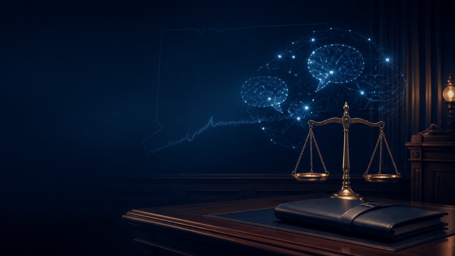 Original editorial illustration of scales of justice beside an abstract AI conversation network and a legal case file