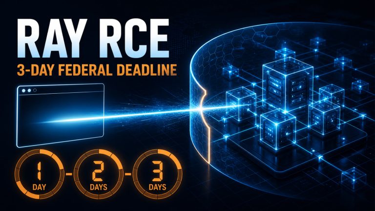 Original dark blue cybersecurity illustration reading Ray RCE and 3-Day Federal Deadline, with a browser beam crossing a shield toward distributed server nodes and a one-two-three day countdown