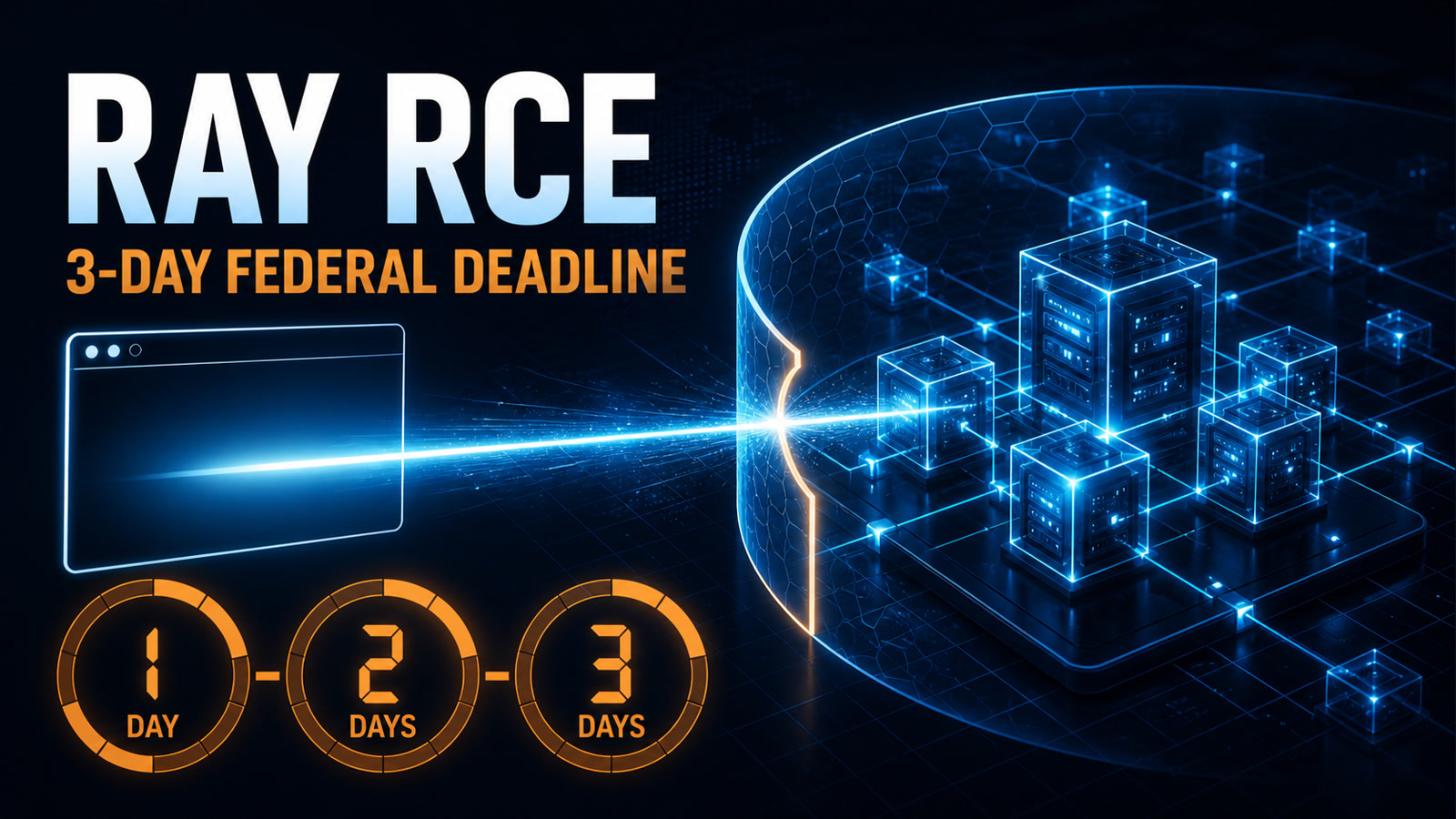 Original dark blue cybersecurity illustration reading Ray RCE and 3-Day Federal Deadline, with a browser beam crossing a shield toward distributed server nodes and a one-two-three day countdown