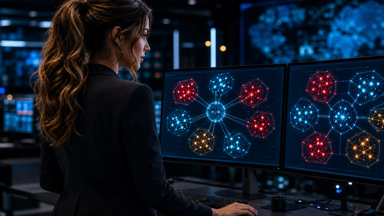 Original editorial illustration of Jennifer Hudsen reviewing abstract network-orchestration and workload-segmentation security alerts; no Cisco interface or exploit activity is depicted.