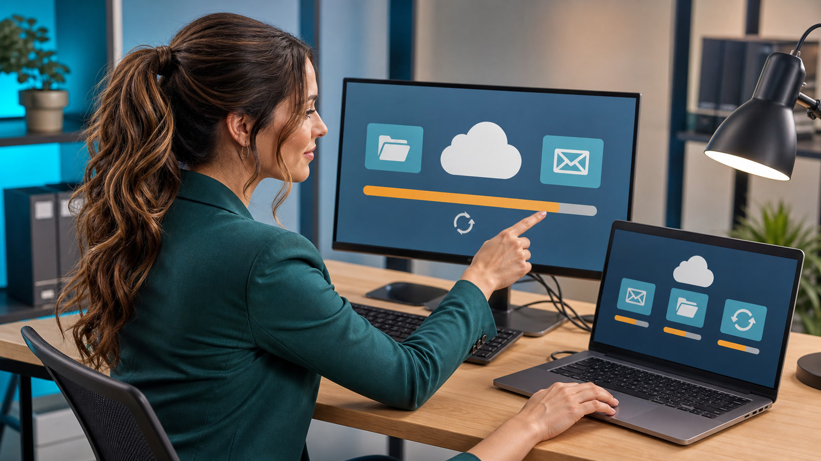 Jennifer Hudsen reviews nearly full cloud-storage capacity on a laptop and monitor at a small-business desk