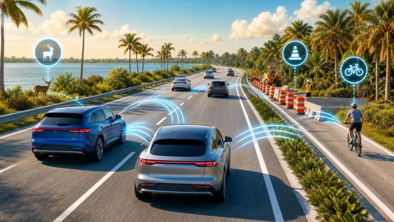 Same-direction connected cars pass hazard alerts on a sunny divided highway, with a deer behind the left guardrail, a cyclist on a separated right shoulder, and roadwork ahead