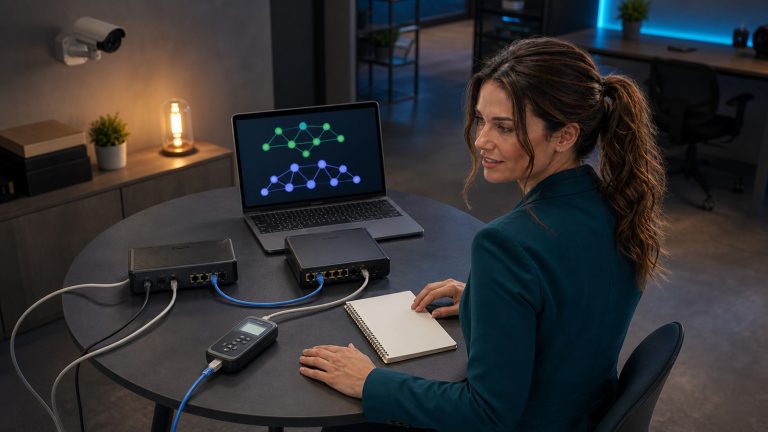 Jennifer Hudsen compares two connected network gateways and an abstract two-layer network map while diagnosing double NAT and CGNAT.